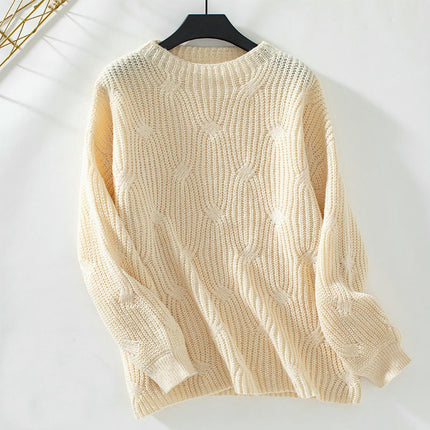 Women's Solid Color Knitted Sweater Round Neck Long Sleeve Casual Sweater Top