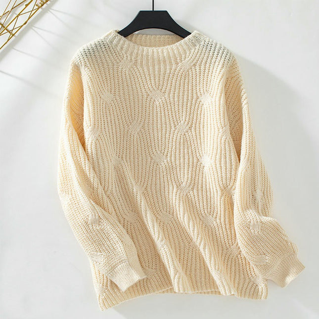 Women's Solid Color Knitted Sweater Round Neck Long Sleeve Casual Sweater Top