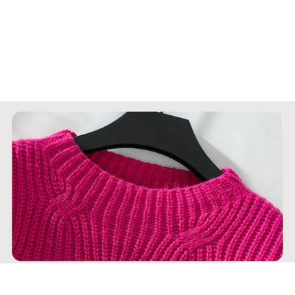 Women's Solid Color Knitted Sweater Round Neck Long Sleeve Casual Sweater Top