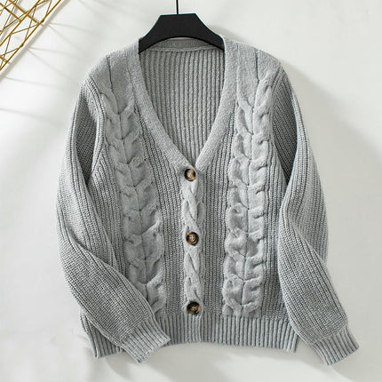 Women's Solid Color Cable Knit Cardigan Long Sleeve Button Casual Sweater Jacket