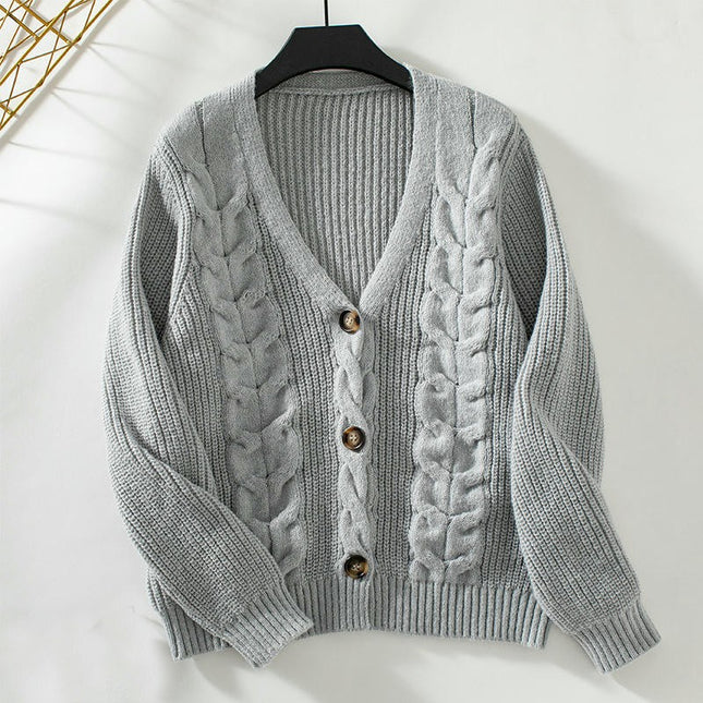 Women's Solid Color Cable Knit Cardigan Long Sleeve Button Casual Sweater Jacket