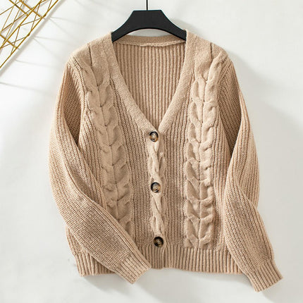 Women's Solid Color Cable Knit Cardigan Long Sleeve Button Casual Sweater Jacket