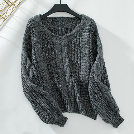 Women's Solid Color Cable Knit Sweater Round Neck Lantern Sleeve Loose Sweater