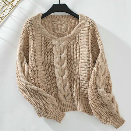Women's Solid Color Cable Knit Sweater Round Neck Lantern Sleeve Loose Sweater