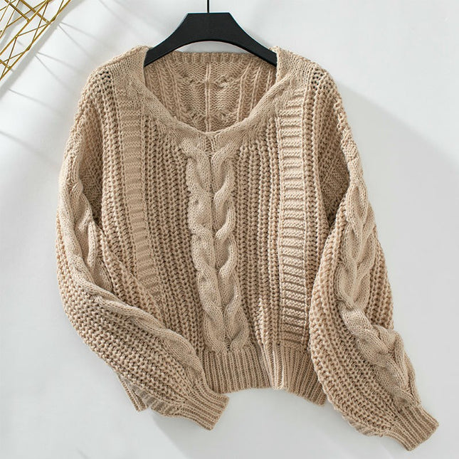 Women's Solid Color Cable Knit Sweater Round Neck Lantern Sleeve Loose Sweater