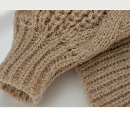 Women's Solid Color Cable Knit Sweater Round Neck Lantern Sleeve Loose Sweater