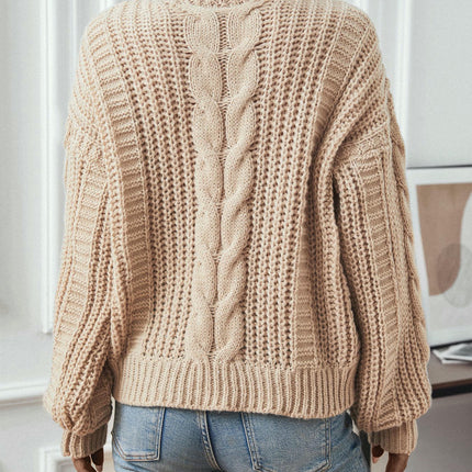 Women's Solid Color Cable Knit Sweater Round Neck Lantern Sleeve Loose Sweater