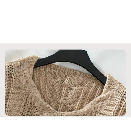 Women's Solid Color Cable Knit Sweater Round Neck Lantern Sleeve Loose Sweater
