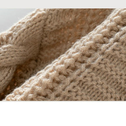 Women's Solid Color Cable Knit Sweater Round Neck Lantern Sleeve Loose Sweater