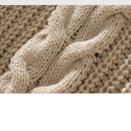 Women's Solid Color Cable Knit Sweater Round Neck Lantern Sleeve Loose Sweater
