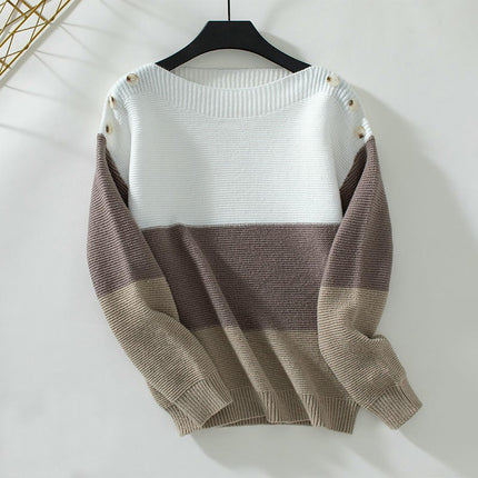 Women's One-shoulder Neck Button Pullover Knitted Long Sleeve Casual Sweater Top