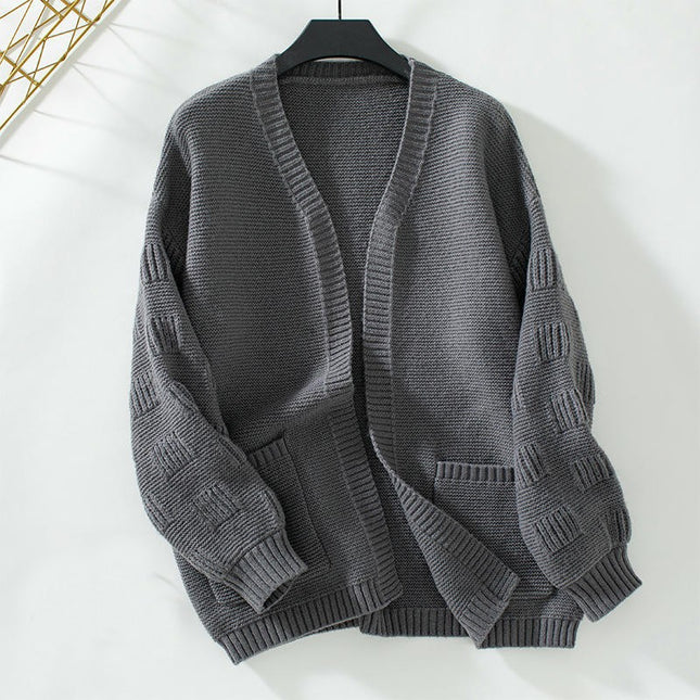 Women's Solid Color Pocket Knitted Cardigan Long Sleeve Casual Sweater Jacket