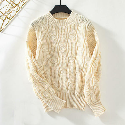 Women's Solid Color Cable Knit Pullover Long Sleeve Casual Loose Sweater Top