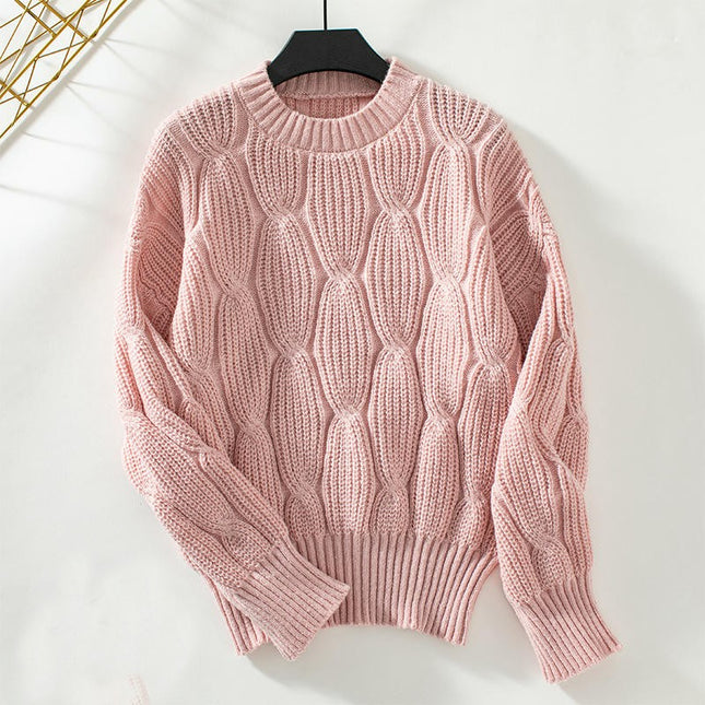Women's Solid Color Cable Knit Pullover Long Sleeve Casual Loose Sweater Top