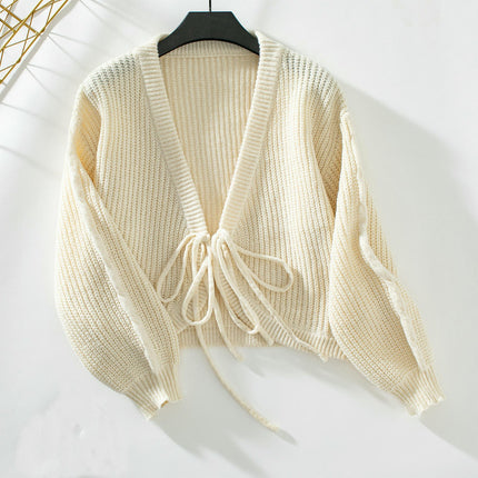 Women's Short Lace-up Knitted Cardigan Long Sleeve Casual Sweater Jacket