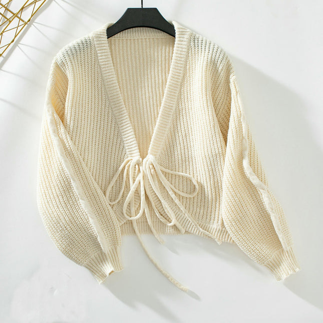Women's Short Lace-up Knitted Cardigan Long Sleeve Casual Sweater Jacket