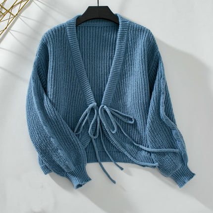 Women's Short Lace-up Knitted Cardigan Long Sleeve Casual Sweater Jacket