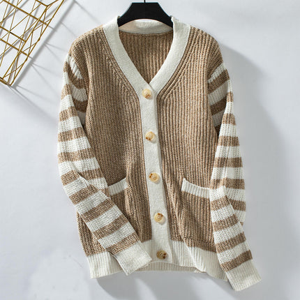 Women's Striped Button Knit Cardigan Long Sleeve Casual Jacket with Pockets