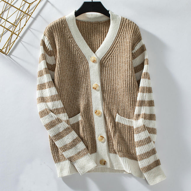 Women's Striped Button Knit Cardigan Long Sleeve Casual Jacket with Pockets