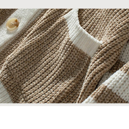 Women's Striped Button Knit Cardigan Long Sleeve Casual Jacket with Pockets
