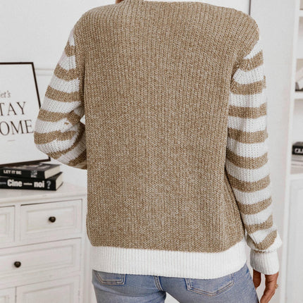 Women's Striped Button Knit Cardigan Long Sleeve Casual Jacket with Pockets