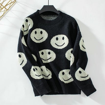 Womens Smiley Face Pattern Pullover Sweater Long Sleeve Casual Loose Sweater Top