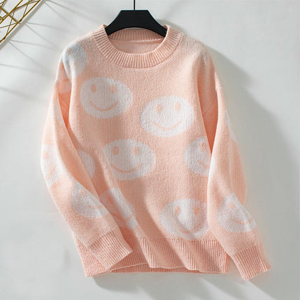 Womens Smiley Face Pattern Pullover Sweater Long Sleeve Casual Loose Sweater Top