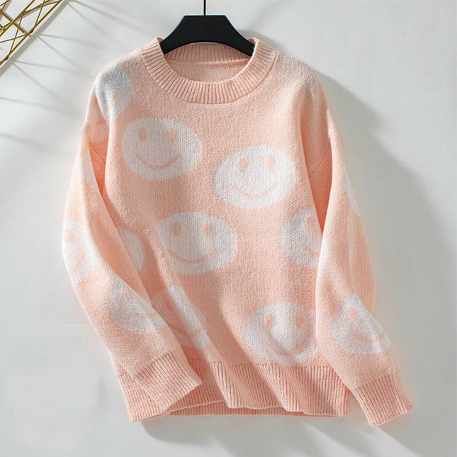Womens Smiley Face Pattern Pullover Sweater Long Sleeve Casual Loose Sweater Top