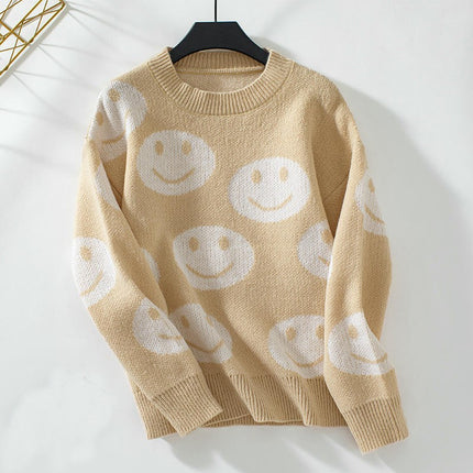 Womens Smiley Face Pattern Pullover Sweater Long Sleeve Casual Loose Sweater Top