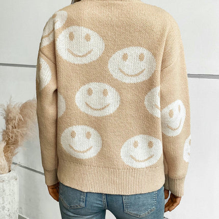 Womens Smiley Face Pattern Pullover Sweater Long Sleeve Casual Loose Sweater Top