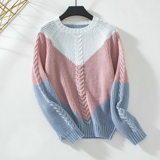 Women's Contrast Color Cable Knit Pullover Long Sleeve Crew Neck Casual Sweater
