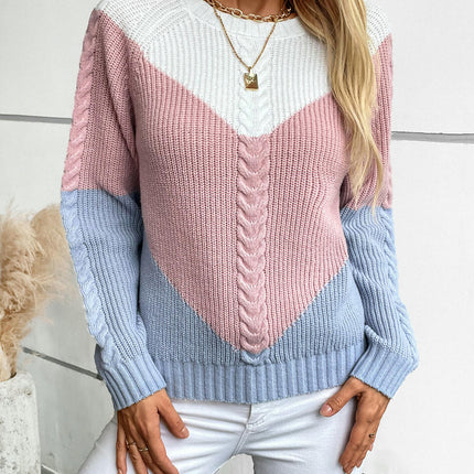 Women's Contrast Color Cable Knit Pullover Long Sleeve Crew Neck Casual Sweater