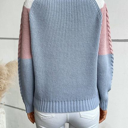 Women's Contrast Color Cable Knit Pullover Long Sleeve Crew Neck Casual Sweater