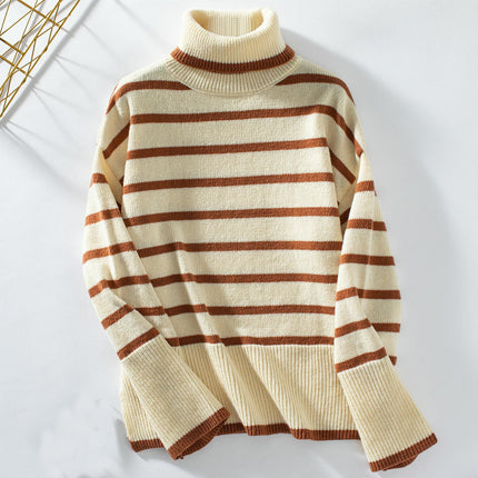 Women's High Neck Striped Knitted Pullover Sweater Long Sleeve Casual Top