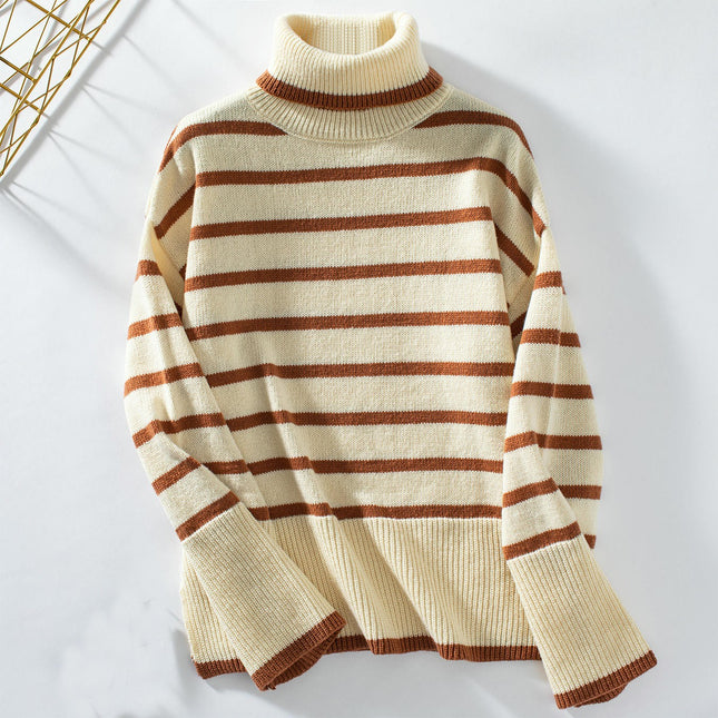 Women's High Neck Striped Knitted Pullover Sweater Long Sleeve Casual Top