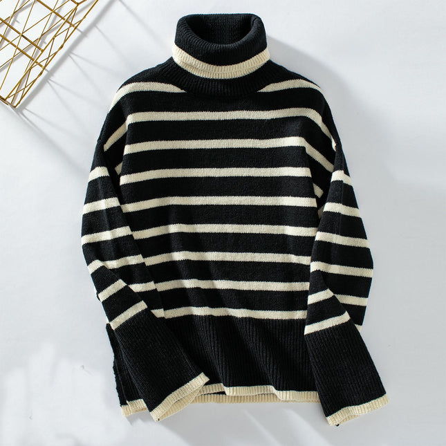 Women's High Neck Striped Knitted Pullover Sweater Long Sleeve Casual Top