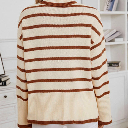 Women's High Neck Striped Knitted Pullover Sweater Long Sleeve Casual Top