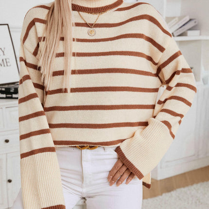 Women's High Neck Striped Knitted Pullover Sweater Long Sleeve Casual Top
