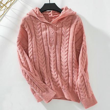 Women's Casual Hooded Pullover Sweater Winter Retro Button Cable Knit Top