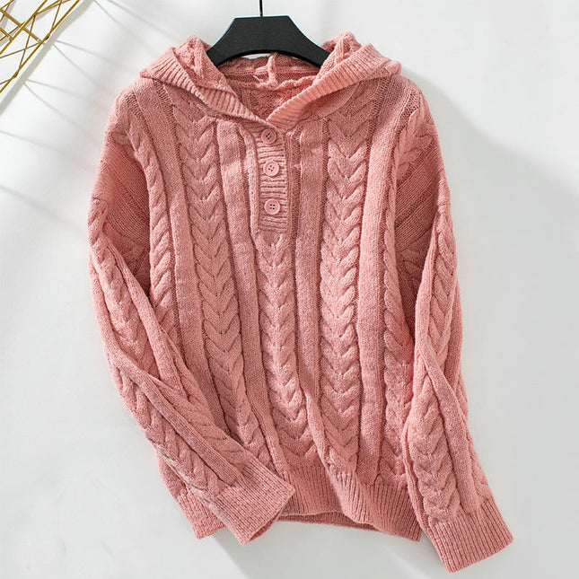 Women's Casual Hooded Pullover Sweater Winter Retro Button Cable Knit Top
