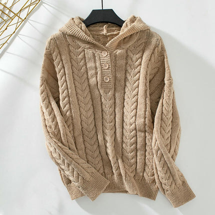 Women's Casual Hooded Pullover Sweater Winter Retro Button Cable Knit Top
