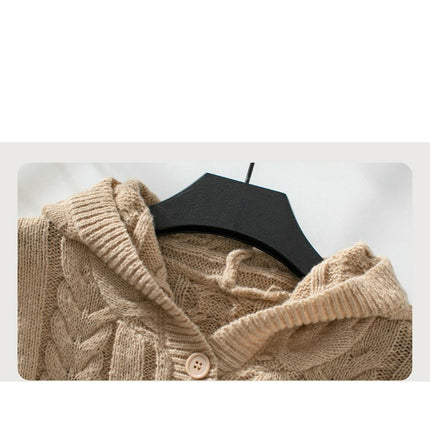 Women's Casual Hooded Pullover Sweater Winter Retro Button Cable Knit Top
