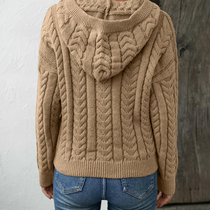 Women's Casual Hooded Pullover Sweater Winter Retro Button Cable Knit Top