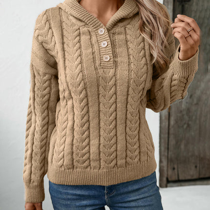 Women's Casual Hooded Pullover Sweater Winter Retro Button Cable Knit Top