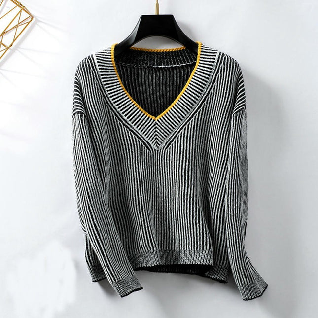 Women's Deep V-neck Striped Contrast Pullover Sweater Casual Loose Knitted Top