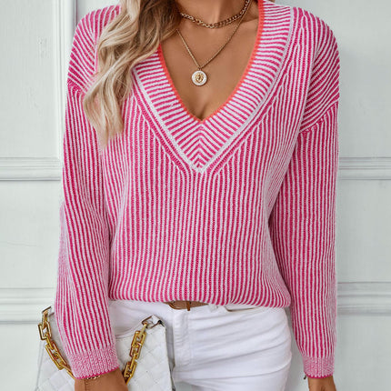Women's Deep V-neck Striped Contrast Pullover Sweater Casual Loose Knitted Top