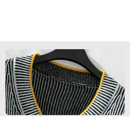 Women's Deep V-neck Striped Contrast Pullover Sweater Casual Loose Knitted Top