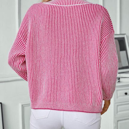 Women's Deep V-neck Striped Contrast Pullover Sweater Casual Loose Knitted Top