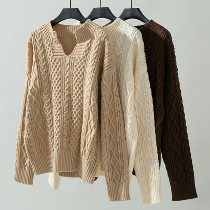 Women's Solid Color Cable Knit Pullover Sweater Winter Casual Loose Knit Top
