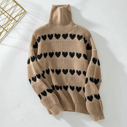 Women's Turtleneck Heart Pullover Knitted Sweater Autumn Casual Knitted Top